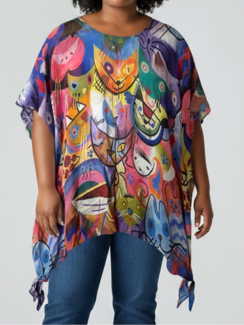 Sterling Styles Colorful Artsy Cats Cover Up Top ONE SIZE - up to a 3X